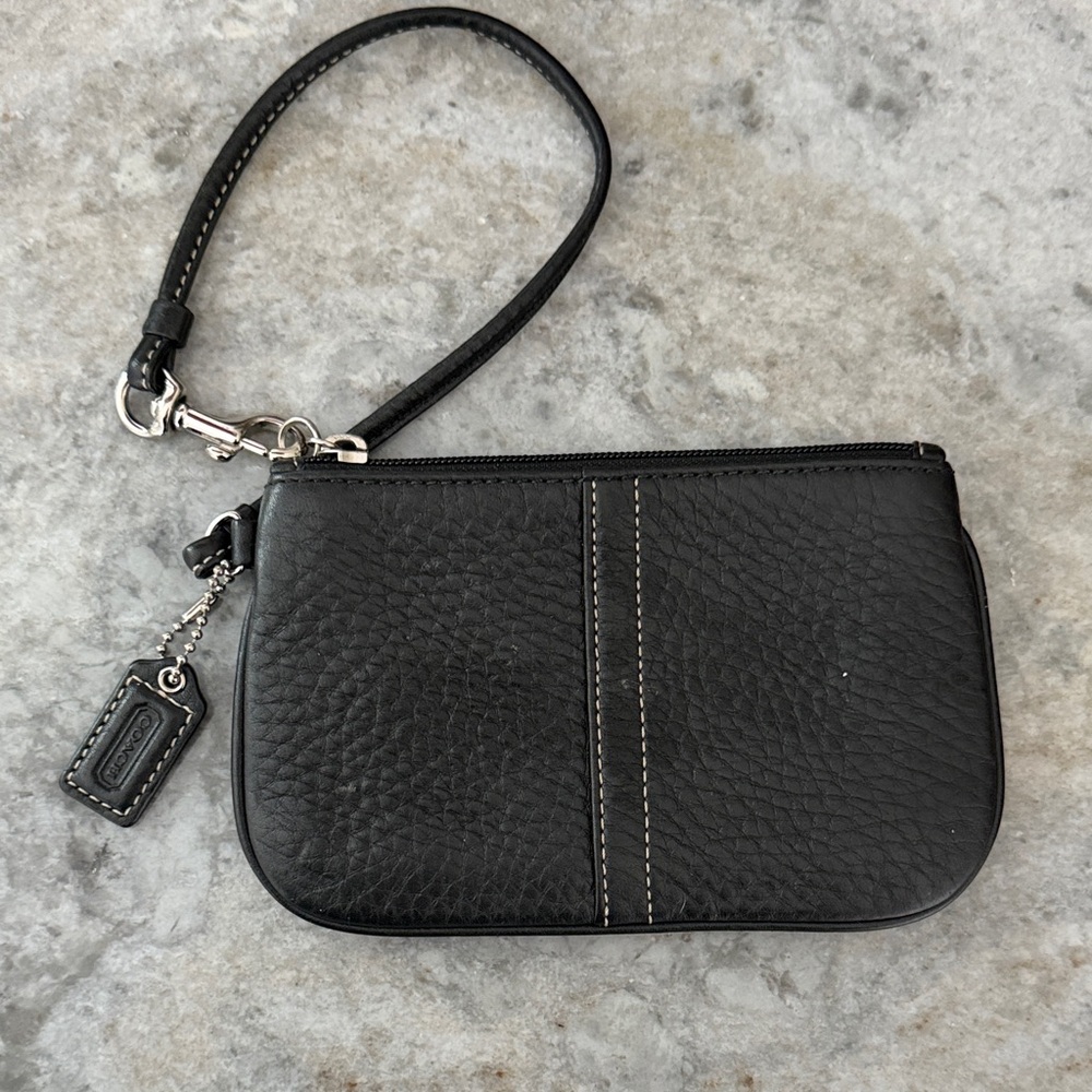 Coach Black Pebbled Leather Wristlet with Contrast Stitching